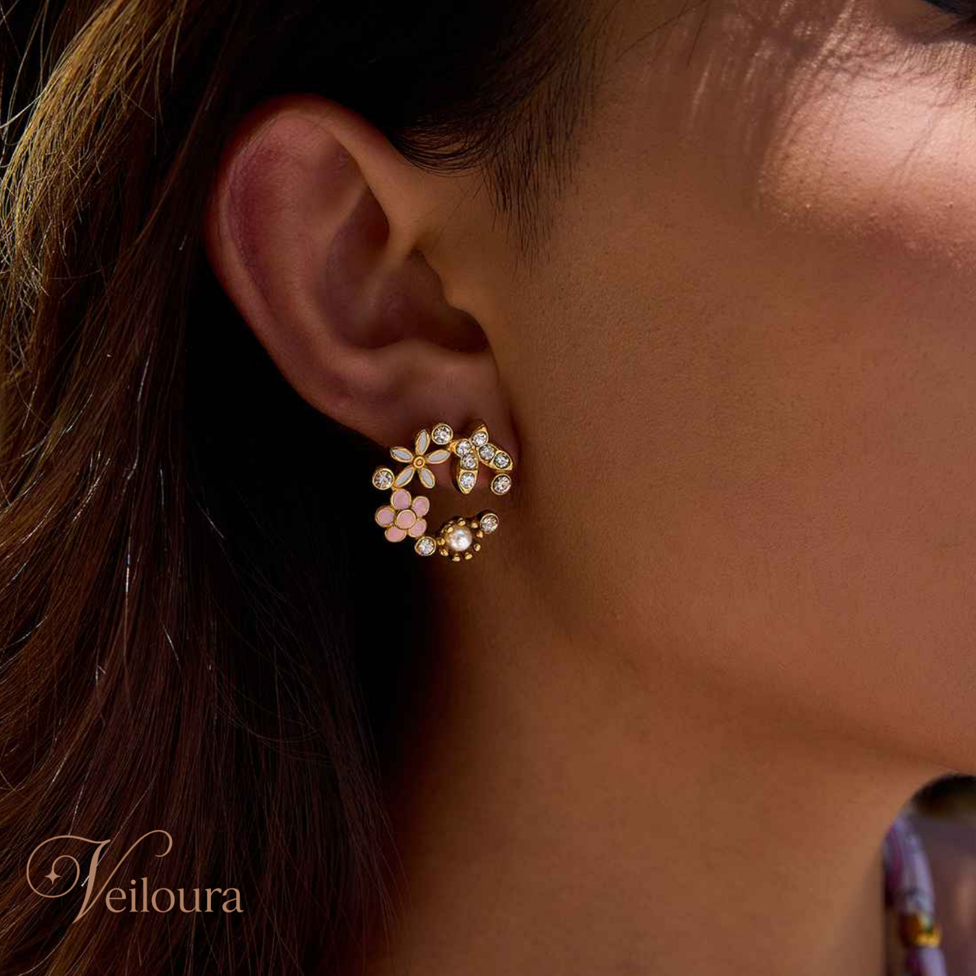 Camilla - Gold Floral Crystal Stud Earrings